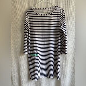 Striped Navy and White Boatneck Dress with Mint Pocket Detail